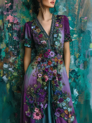 Vintage Floral Embroidered Gradient Linen Maxi Dress