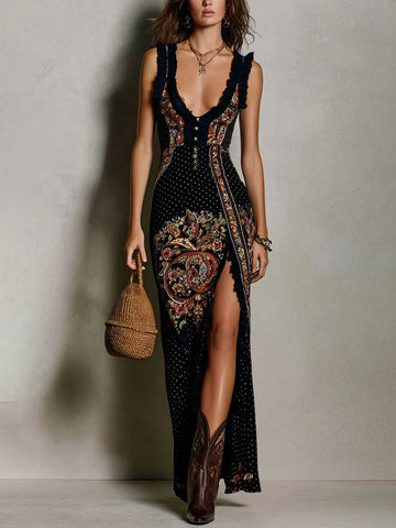 Embroidered Cotton Maxi Dress With Deep V-Neck And High Slit For Boho Chic Style
