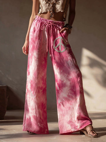 Women's Vintage Hippie Tie-dye Peace Print Casual Pants
