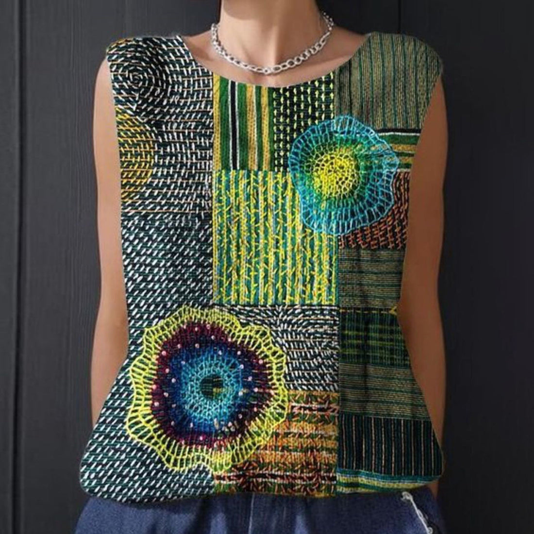 Women's Vintage Patchwork Art Print Flowy Linen Blend Casual Vest