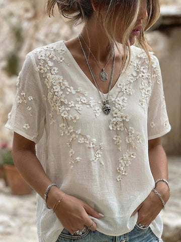 Women's Vintage Floral Art V Neck Short Sleeve Linen Blend T-shirt