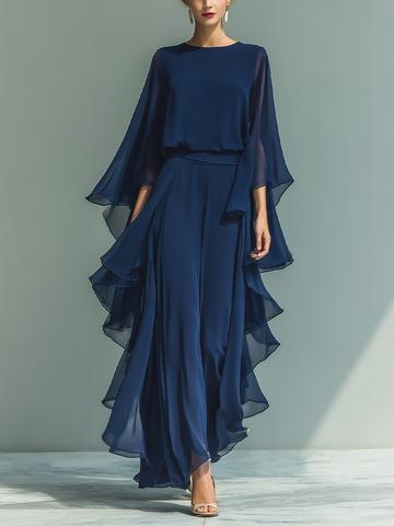 Women's Navy Blue Chiffon Top With Flared Sleeves And Straight-leg Trousers Set With Ruffled Details MDZ2218A5T