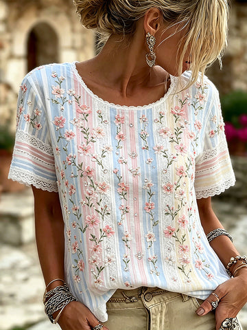Women's Cherry Blossom And Lace Art Rhinestone Striped Comfortable Linen Blend Casual Round Neck Short Sleeve Top