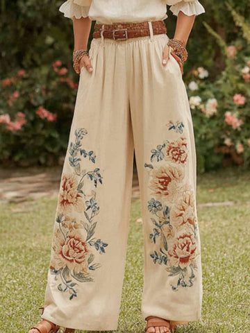 Women's Retro Bohemian Floral Patchwork Casual Linen Trousers