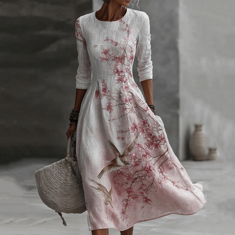 Japanese Plum Blossom Art Embroidered Casual Linen Maxi Dress
