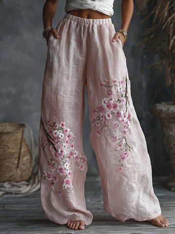 Women's Japanese Floral Pattern Linen Casual Pants