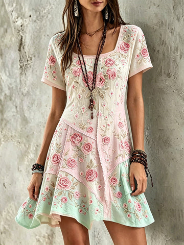 Women's Retro Rose Floral Embroidery Pattern Short Sleeve Linen Dress