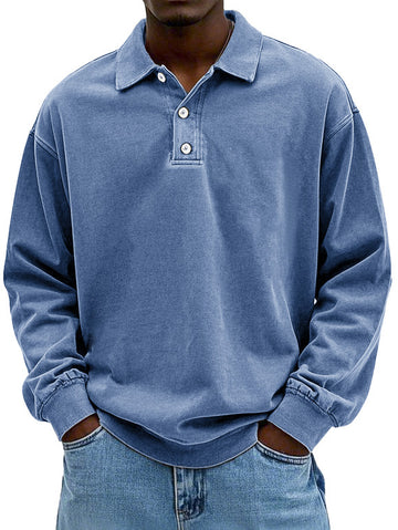 Clearance Sale🔥Men's Fashion Retro Washed Distressed Cotton Lapel Long Sleeve Polo Shirt