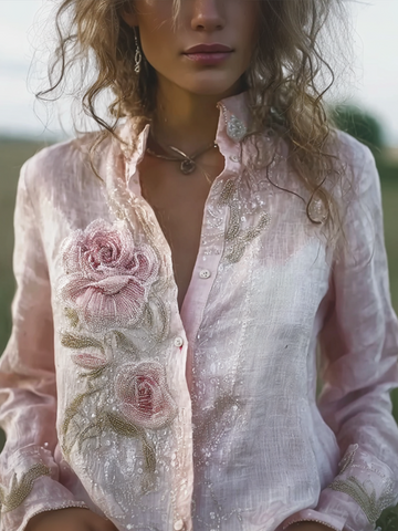 Vintage Pink Rose Bleaded Casual Linen Shirt