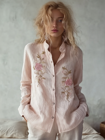 Light Pink Rose Embroidery Pattern Women's Casual Linen Long-sleeve Shirt