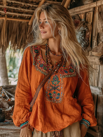 Women's Vintage Vacation Boho Tribal Ethnic Print Round-neck Linen Blend Tops