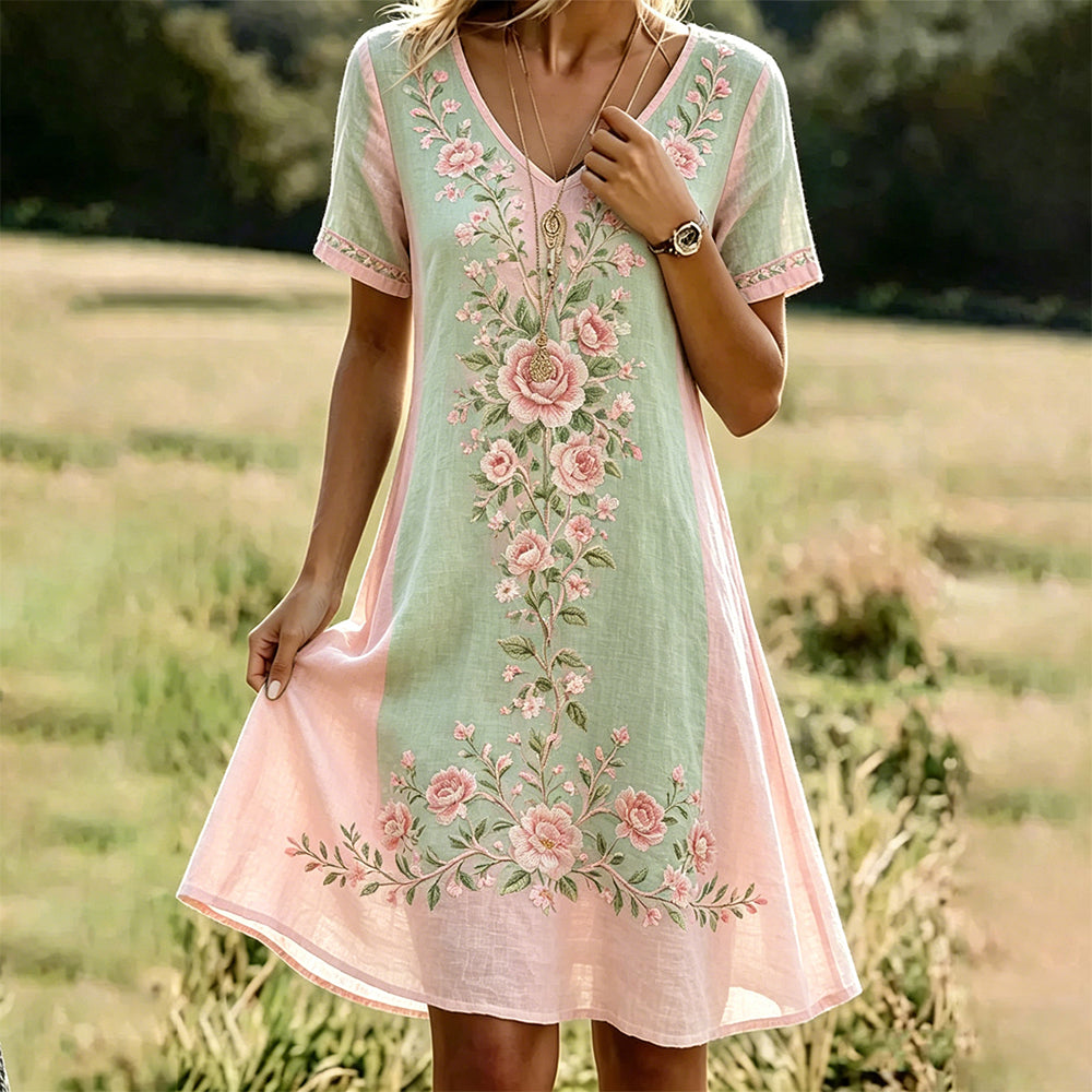 Vintage Cottagecore Floral Art V Neck Cozy Linen Midi Dress