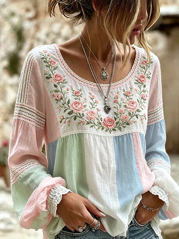 Women's Retro Rose Art Embroidery Color Block Comfortable Cotton Linen Long Sleeve Top