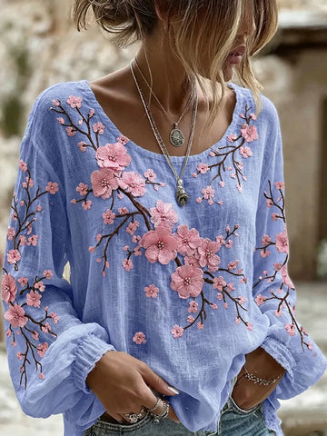 Women's Cherry Blossom Print Crew Neck Long Sleeve Linen Blend T-shirt