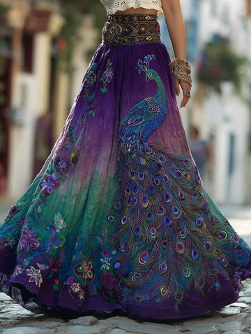 Women's Retro Floral With Peacock Art Linen Blend Casual Maxi Skirt