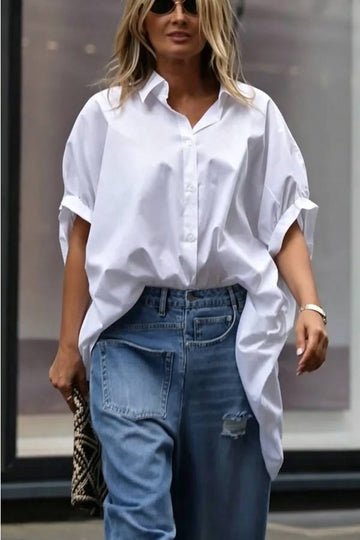 Tania Cotton Blend Button Up Wide Sleeve Oversized Long Shirt