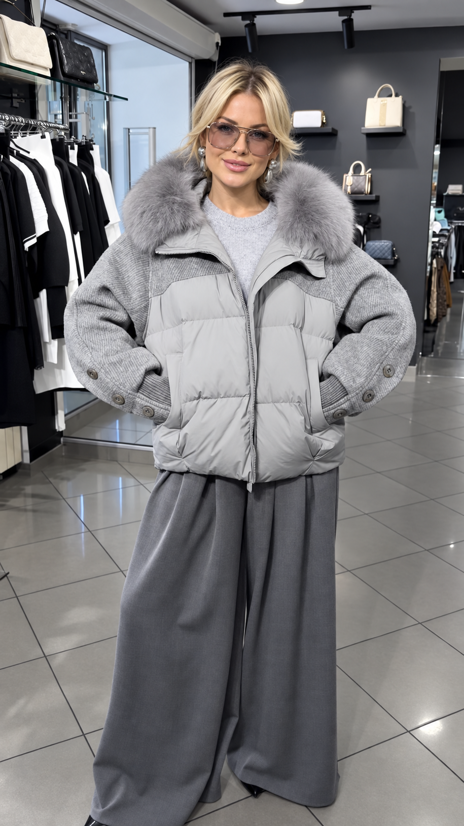 Grey Patchwork Fur Collar Puffer Coat