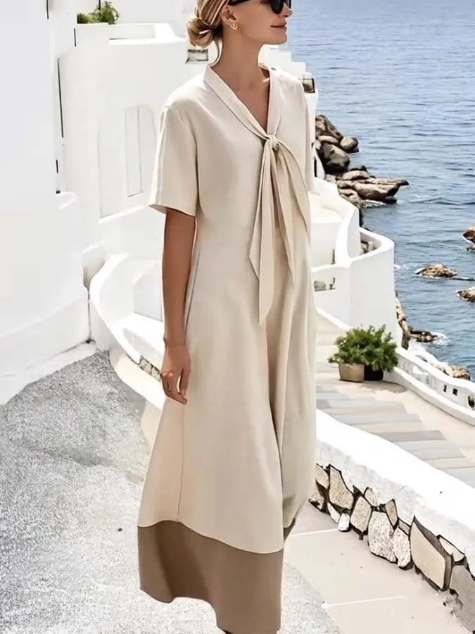 Women'S Loose Knot Neck Stitching Contrast Color Dress