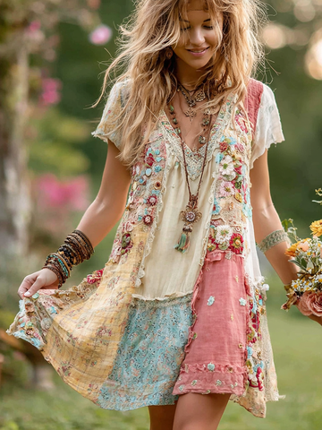 Women's Retro Floral Splicing Cotton And Linen Short Dress