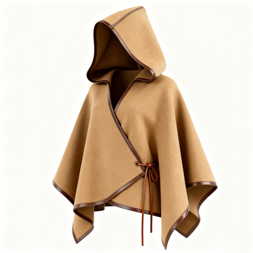 Women's Classic Camel Hooded Cape With Leather Trim