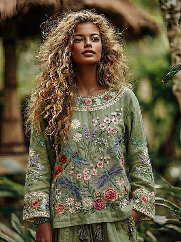 Women's Vacation Boho Floral With Dragonfly Print V-neck Linen Blend Tops