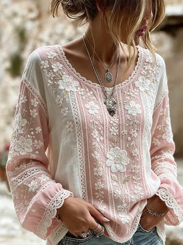 Vintage White Floral Art & Lace Art Pink & White Striped Cotton Linen Loose Round Neck Long Sleeve Top