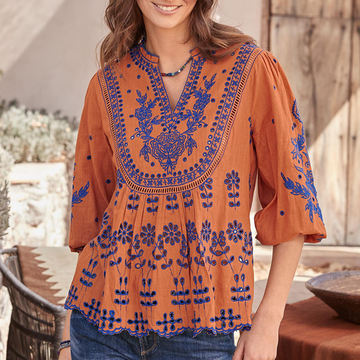 Women's Vintage Loose Bubble Sleeves Floral Embroidered Orange Top Shirt