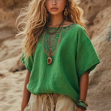 Desert Style Holiday Bohemian Vintage Linen Casual Top