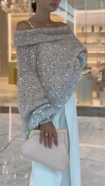 Sequin Off Shoulder Oversized Knit Sweater
