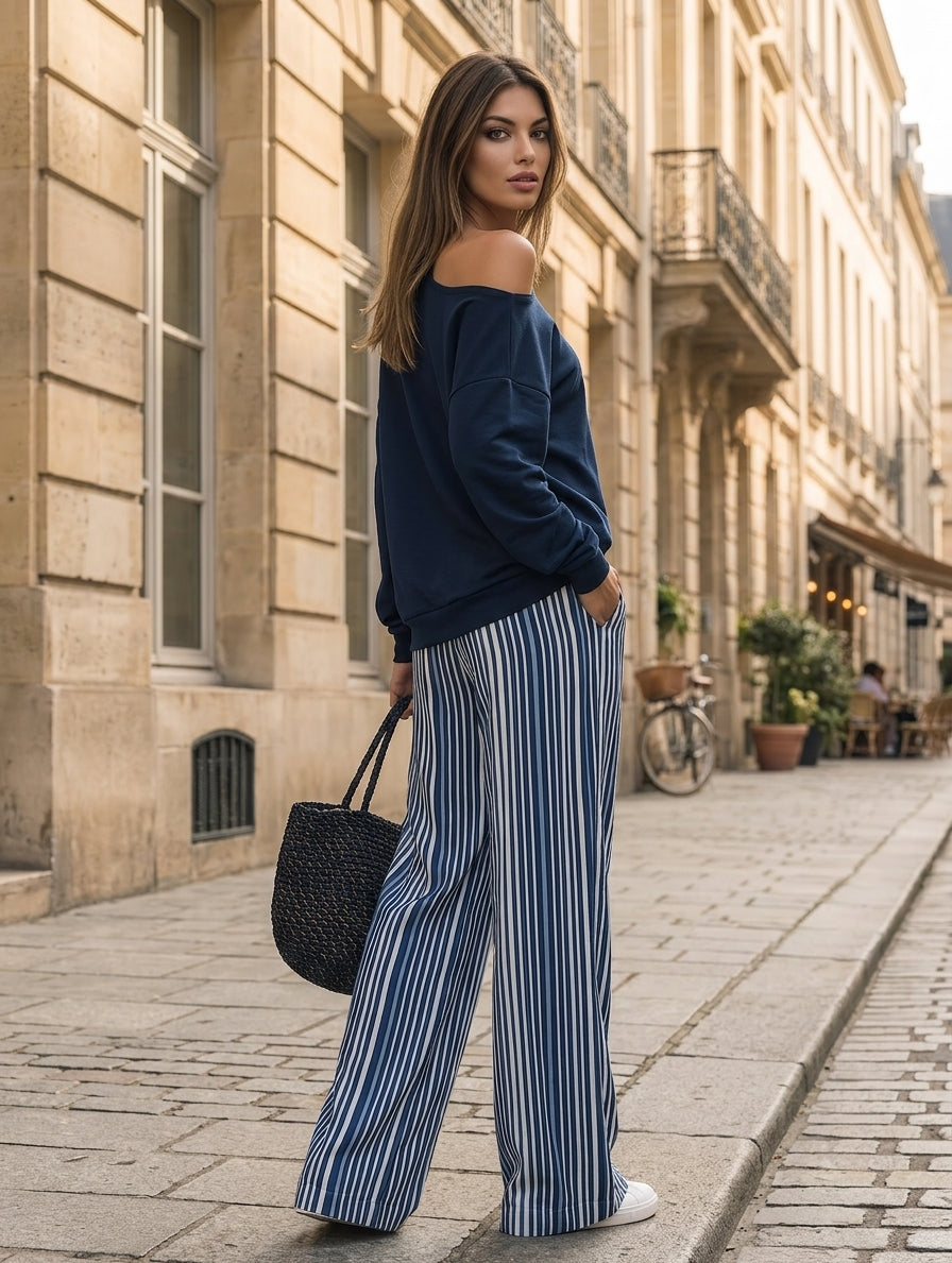 Women's Casual 2-Piece Set Long-sleeved Top In Navy Blue Sweatshirt Fabric And Blue-and-white Striped Woven Trousers MDZ2895G0LXY