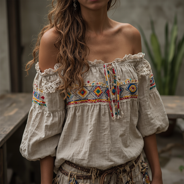 Women's Bohemian Embroidered Off-Shoulder Top
