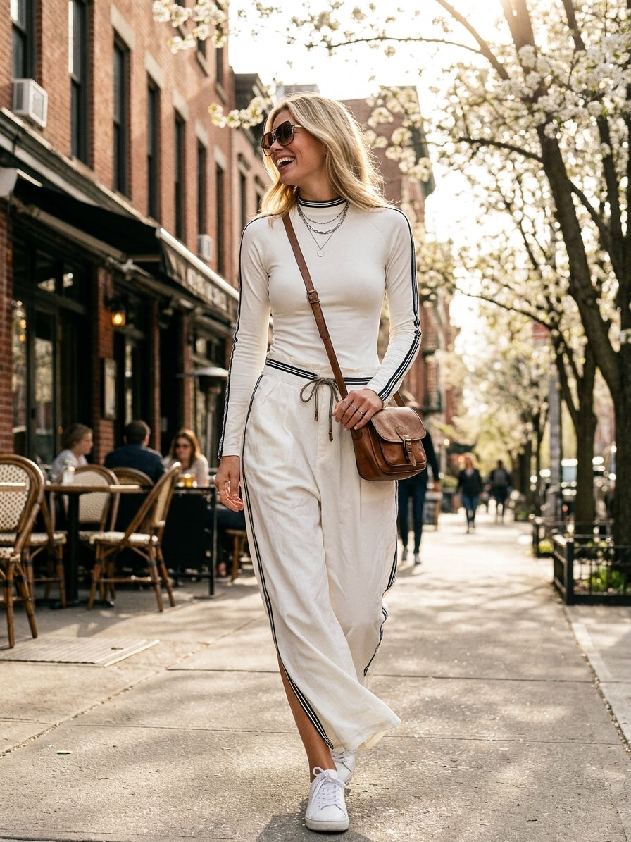 Women's Sports Half-high-neck Long-sleeved T-shirt Drawstring Wide-leg Pants Two-piece Set MDA2569G9Y