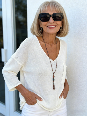 V-Neck Long Sleeve Pocket Casual Knitted Sweater Top