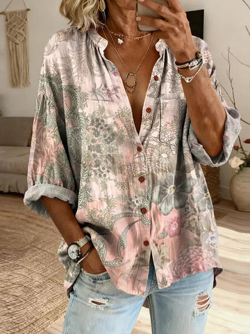 Women's Floral Art Print Casual Cotton-linen Blend Shirt