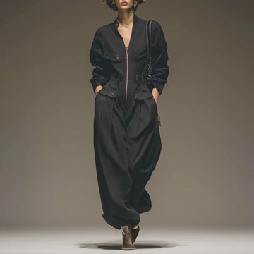 Temperament Street Exquisite Front Zipper Pocket Cover Black Loose Jumpsuit