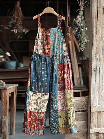 Wildflower Patchwork Print Linen Jumpsuit