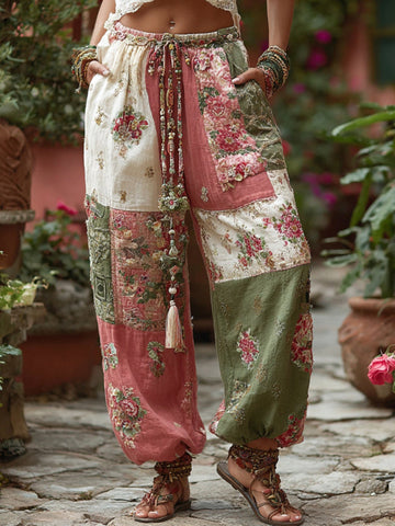 Women's Retro Floral Patchwork Art Casual Pants