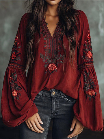 Women's Floral Print Linen Tops