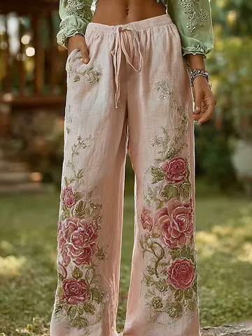 Bohemian Style Retro Pink Rose Casual Cotton And Linen Long Pants