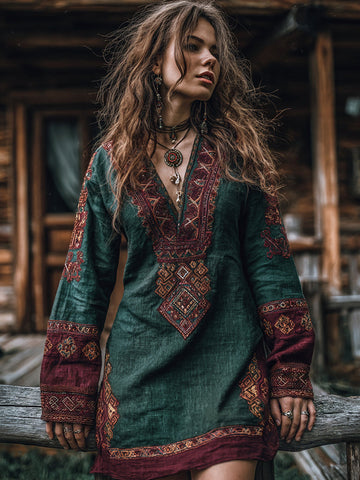 Women's Boho Tribal Ethnic Print V-neck Linen Blend Long Sleeve Dress