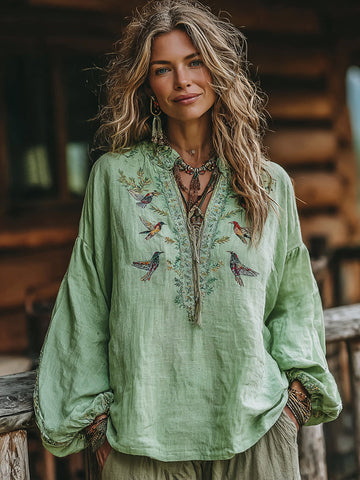 Women's Vacation Boho Floral And Birds Print Linen Blend Tops