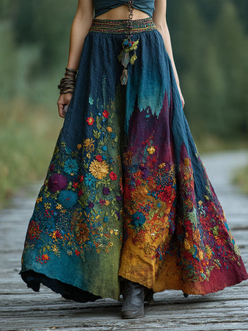 Women's Retro Boho Floral Embroidery Gradient Art Linen Blend Casual Midi Skirt