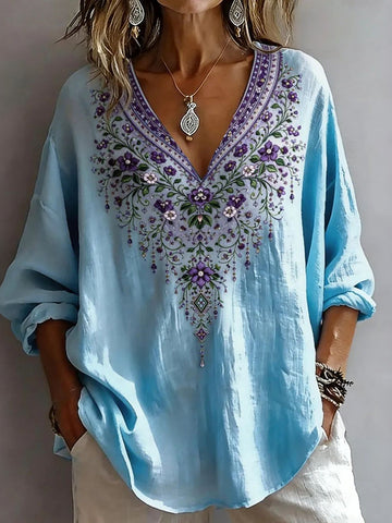 Women's Casual Retro Floral Art Print Cotton V Neck Tops