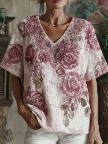Women's Vintage Floral Print Linen Blend V-neck T-shirt