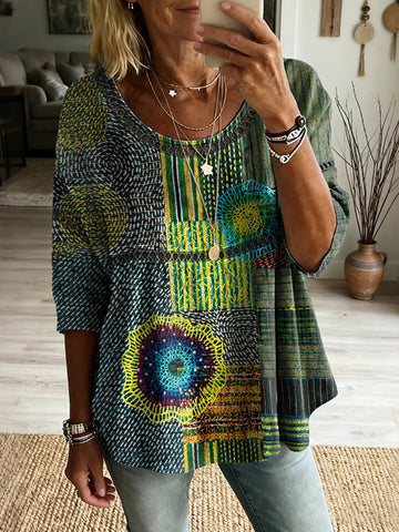 Women's Vintage Patchwork Art Print Flowy Linen Blend Casual Tops
