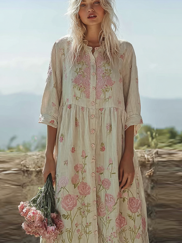 Light Pink Rose Embroidered Pattern Women's Casual Linen Dress