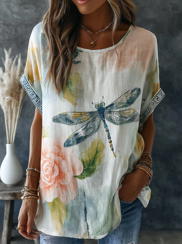 Retro Dragonfly Pattern Linen Blend Short Sleeve Tops