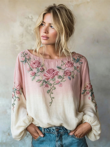 Boho Floral Embroidery Art Women's Linen Long Sleeve Shirt