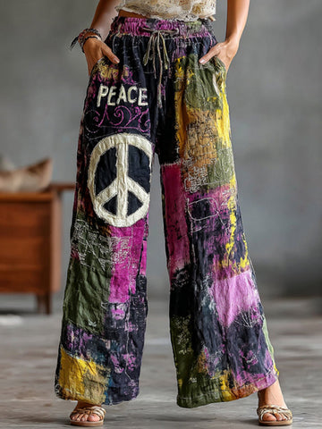 Women's Hippie Tie-dye Peace Logo Print Casual Pants