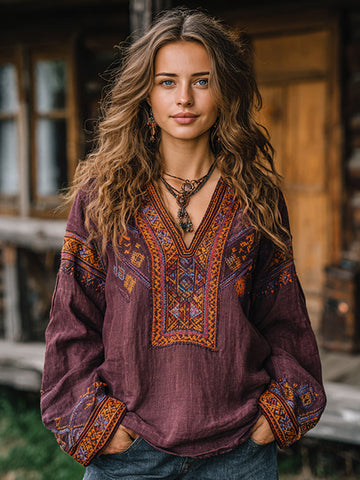 Women's Vintage Vacation Boho Tribal Ethnic Print V-neck Linen Blend Long Sleeve Tops